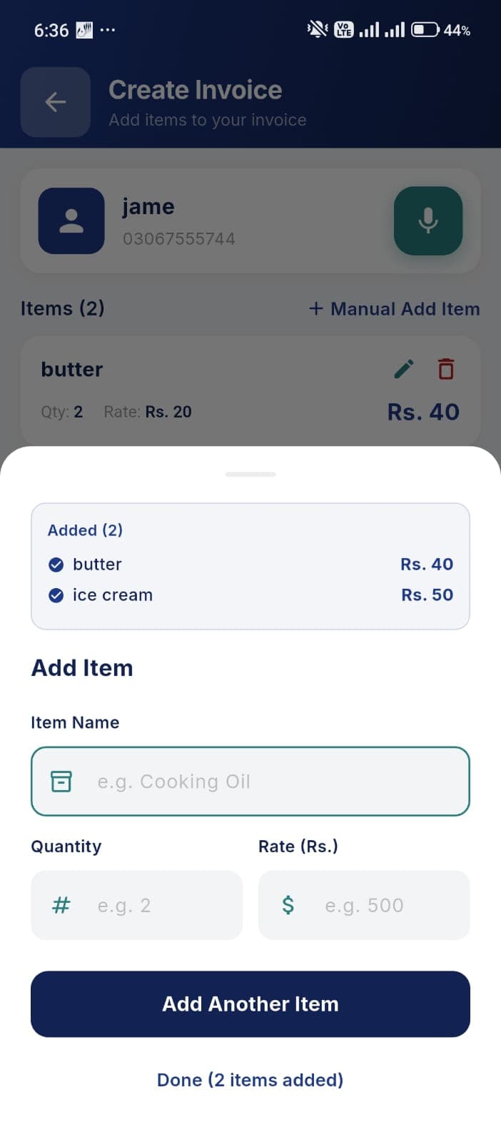 Invoice creation screen with items list