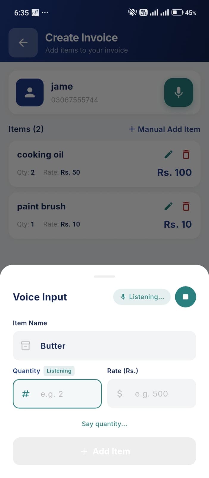 Voice sheet open with mic active