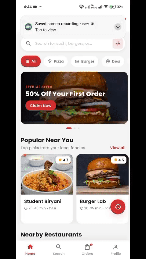 QuickBite order tracking screen