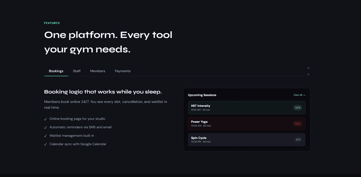 Features Tab — Bookings Active